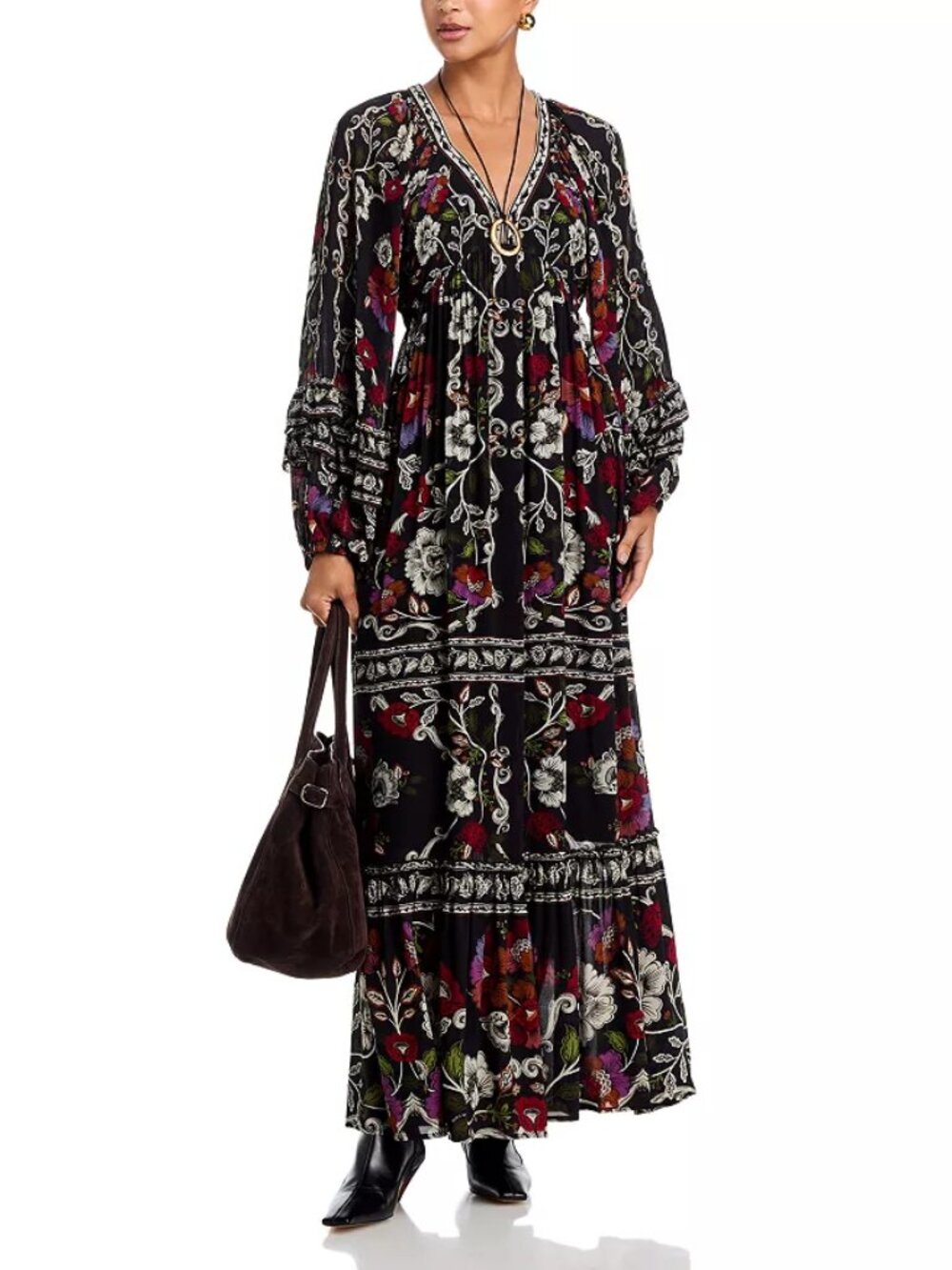 FARM Rio Rococo Flowers Maxi Goth Boho Ruffle V Neck Blouson Sleeve Floral Dress - Picture 2 of 5